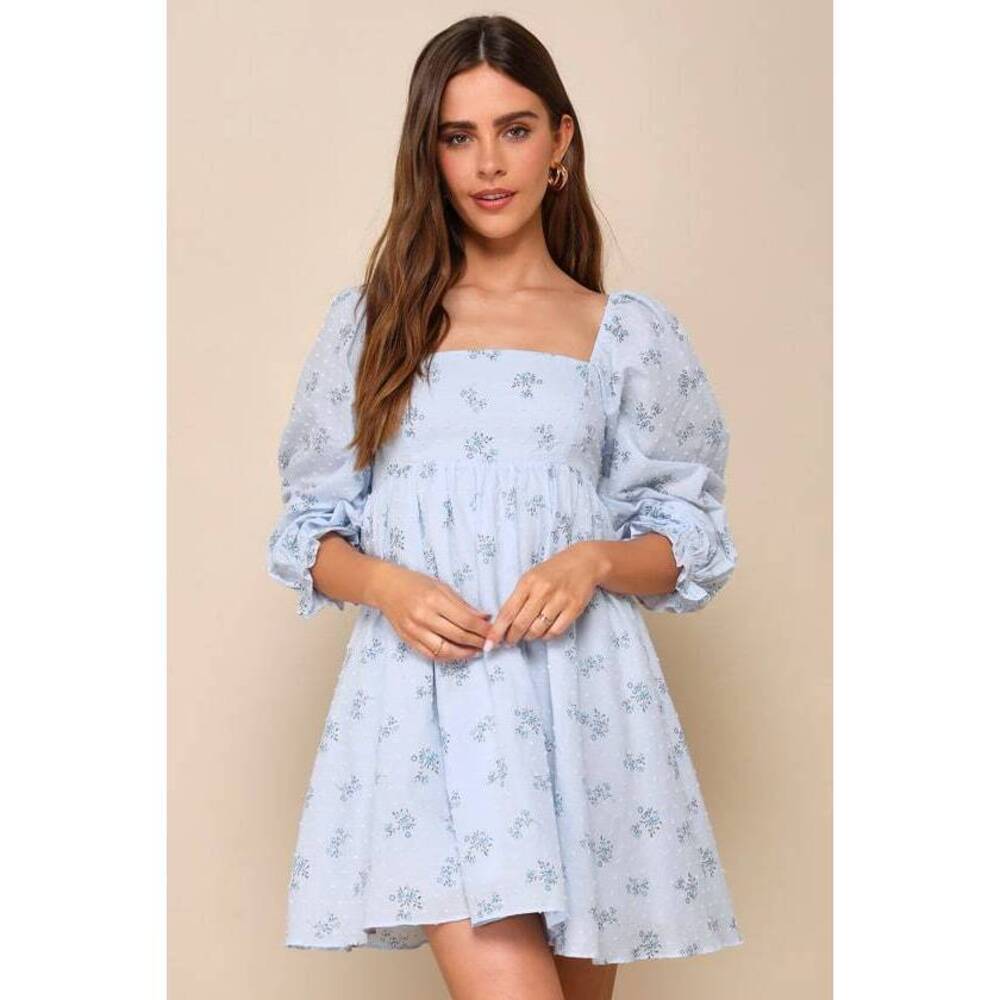 Lulus Always Charming Light Blue Floral Swiss Dot Babydoll Dress - Size S